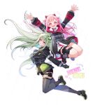  2girls absurdres animal_ears black_footwear black_jacket black_shorts black_thighhighs boots cat_ears character_name close_game/offline_(project_sekai) closed_mouth dress green_hair highres jacket kusanagi_nene long_hair long_sleeves looking_at_viewer mechanical_ears multiple_girls ootori_emu open_mouth pink_eyes pink_hair project_sekai purple_eyes sha_(nz2) shorts simple_background smile thigh_strap thighhighs very_long_hair white_background white_dress 