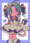  1girl ahoge animal_ears apron bell blue_border blue_dress blue_ribbon blush border cat_ears cat_girl cat_tail closed_mouth commentary dejiko di_gi_charat dress feet_out_of_frame frilled_apron frills green_eyes green_hair grid_background hair_bell hair_ornament hair_ribbon halftone heart highres jingle_bell kneehighs looking_at_viewer menma_(enaic31) neck_bell neck_ribbon outside_border ribbon short_hair short_sleeves smile socks solo standing tail tail_ornament tail_ribbon white_apron white_background white_mittens white_socks 