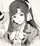  1girl arm_at_side artist_name bow bowtie buttons collared_shirt commentary_request grey_background greyscale grin hair_bow hair_ornament hand_up hat headwear_removed highres holding holding_clothes holding_hat jacket long_hair long_sleeves looking_at_viewer monochrome nijiko_(c2cs4q) official_alternate_costume official_alternate_hairstyle open_clothes open_jacket parted_bangs parted_lips ponytail shirt shoujo_kageki_revue_starlight sidelocks simple_background smile solo tendou_maya top_hat upper_body vest x_hair_ornament 
