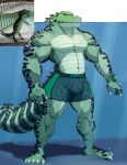  2023 5_toes alligator alligatorid ambiguous_gender anthro barefoot bulge claws crocodilian feet feral finger_claws green_body green_eyes green_scales green_tail hi_res kinhey male meme navel nipples partially_submerged reptile scales scalie solo tail teeth toe_claws toes water white_claws 