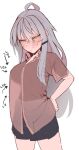  1girl arrow_(symbol) black_skirt blush breasts closed_mouth collared_shirt gangut_(kancolle) grey_hair hair_between_eyes hand_on_own_hip highres kantai_collection large_breasts long_hair looking_at_viewer orange_hair pleated_skirt red_shirt scar scar_on_face see-through shiawase_hougan shirt shirt_overhang simple_background skirt solo translation_request very_long_hair white_background 