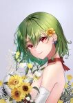  1girl blush breasts choker closed_mouth elbow_gloves flower from_side gloves green_hair hair_between_eyes hair_flower hair_ornament highres kazami_yuuka looking_at_viewer red_choker red_eyes shironeko_yuuki short_hair sideboob smile solo sunflower touhou upper_body white_gloves yellow_flower 