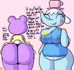  animal_crossing anthro areola areola_outline areola_slip barely_contained bear bent_over big_butt bodily_fluids bottomwear butt chai_(animal_crossing) chubby_female clothed clothing clothing_lift duo elephant elephantid female female/female gesture klutzatdusk lactating mammal megan_(animal_crossing) nintendo nipple_outline proboscidean skirt skirt_lift tight_clothing tight_fit upskirt visible_nipples waving waving_at_viewer wet wet_clothing wide_hips 