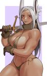  1girl alternate_hairstyle animal_ears arm_under_breasts bikini boku_no_hero_academia border braid breasts brown_bikini brown_gloves claymore_(sword) cleavage commentary dark-skinned_female dark_skin facepaint gloves gud0c hair_bun highres holding holding_sword holding_weapon large_breasts linea_alba long_eyelashes long_hair looking_at_viewer mirko navel o-ring o-ring_bottom over_shoulder parted_bangs purple_background rabbit_ears rabbit_girl red_eyes single_bare_shoulder single_hair_bun smile solo swimsuit sword sword_over_shoulder symbol-only_commentary thick_thighs thighs toned turtleneck veins veiny_breasts weapon weapon_over_shoulder white_border white_hair 