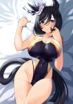  1girl animal_ears black_hair black_one-piece_swimsuit blue_eyes blush breasts collarbone competition_swimsuit covered_navel eishin_flash_(umamusume) hair_between_eyes highleg highleg_swimsuit highres horse_ears horse_girl horse_tail huge_breasts komb lying multicolored_clothes multicolored_swimsuit on_back one-piece_swimsuit red_one-piece_swimsuit short_hair solo swimsuit tail umamusume white_one-piece_swimsuit yellow_one-piece_swimsuit 