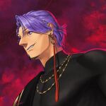  1boy black_shirt duryodhana_(fate) earrings facial_hair fate/grand_order fate_(series) fusso_oekaki goatee goatee_stubble hair_ornament hairclip highres jewelry male_focus mature_male muscular muscular_male necklace purple_eyes purple_hair red_background sash shirt short_hair shoulder_sash single_earring smile solo upper_body 