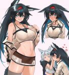  2girls :&lt; :d absurdres animal_ears arknights black_hair blaze_(arknights) blocking blue_eyes blush breasts bright_pupils brown_skirt cat_ears cat_girl cat_tail closed_eyes closed_mouth collarbone commentary_request crop_top crying crying_with_eyes_open ears_down extra_ears fang grey_hair grey_thighhighs grin hairband heart highres jacket kaguura_(kagu) kiss kissing_hand large_breasts long_hair long_sleeves looking_at_viewer midriff miniskirt multiple_girls navel nose_blush open_clothes open_jacket open_mouth parted_lips red_eyes red_hairband rosmontis_(arknights) shirt single_thighhigh skirt smile stomach tail tank_top tears thighhighs white_jacket white_shirt yuri 