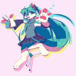  2023 alternate_species anthro armwear bottomwear canid canine clothing derfisch digital_media_(artwork) eyebrows female fur furrification green_body green_eyes green_fur green_hair hair handpaw hatsune_miku hi_res holding_object kemono long_hair looking_at_viewer mammal microphone microphone_stand musical_note necktie on_one_leg open_mouth open_smile paws pigtails shirt skirt smile solo standing topwear twintails_(hairstyle) vocaloid white_body white_fur 