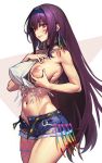  1girl bare_shoulders breasts cutoffs denim denim_shorts dynamitenatalia fate/grand_order fate_(series) hair_between_eyes highres large_breasts long_hair looking_at_viewer navel nipples one_breast_out open_mouth purple_hair red_eyes scathach_(event_portrait)_(fate) scathach_(fate) short_shorts shorts smile thighs 