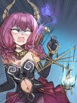  1girl aura_(sousou_no_frieren) balance_scale black_gloves bow_(bhp) breasts cleavage clothing_cutout demon_horns elbow_gloves gloves gold_necklace holding holding_scale horns jewelry low-braided_long_hair motion_lines navel navel_cutout necklace no_pupils open_mouth pink_hair solo sousou_no_frieren weighing_scale 