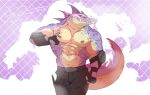  2022 abs absurd_res anthro belt biceps bodily_fluids bottomwear clothing crimenes dated fingerless_gloves front_view gloves handwear hi_res holding_pecs insomniac_games lizard looking_aside male muscular muscular_anthro muscular_male navel nipples pants pec_grab pecs playstation purple_body ratchet_and_clank red_eyes reptile scalie sharp_teeth signature solo sony_corporation sony_interactive_entertainment spiked_tail spikes spikes_(anatomy) sweat tail teeth thugs-4-less 