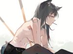  1girl absurdres animal_ears arknights black_hair black_pantyhose black_shorts breasts cmdr_saturn highres large_breasts long_hair mouth_hold navel orange_eyes pantyhose short_shorts shorts sitting solo stomach tail texas_(arknights) topless twitter_username wolf_ears wolf_girl wolf_tail 