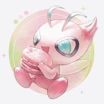  :d alternate_color celebi color_guide commentary_request eating etsuko_pkmn food green_eyes highres holding macaron no_humans open_mouth pokemon pokemon_(creature) shiny_pokemon smile solo 