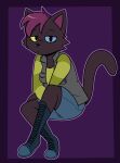  2018 :&lt; anthro biped black_body black_eyes black_fur black_nose black_tail black_tuft blue_clothing blue_footwear blue_sclera blue_shoes border bottomwear cat_tail charlotte_(darwintfish) cheek_tuft clothed clothed_anthro clothed_female clothing colored digital_drawing_(artwork) digital_media_(artwork) domestic_cat eyebrow_through_hair eyebrows facial_tuft felid feline felis female female_anthro footwear fur green_clothing green_shirt green_topwear hair half-closed_eyes heterochromia hi_res high_boots jacket kabula_(artist) looking_at_viewer mammal narrowed_eyes outline pattern_clothing pattern_shirt pattern_topwear pockets prick_ears purple_background purple_border purple_hair purple_outline shirt shoes shorts simple_background sitting solo striped_clothing striped_shirt striped_topwear stripes tail topwear translucent translucent_hair tuft yellow_sclera 