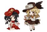  2girls bare_shoulders black_eyes black_hair blonde_hair bow bowtie brown_dress brown_eyes brown_footwear brown_headwear cabbie_hat chibi cross detached_sleeves dolls_in_pseudo_paradise dress flat_cap frilled_dress frilled_hat frills full_body hat hat_feather hat_ornament highres holding holding_cross jacket_girl_(dipp) kozumi_(tokuni_naitteba) label_girl_(dipp) long_hair long_sleeves medium_hair multiple_girls nontraditional_miko parted_bangs pinafore_dress red_bow red_bowtie red_footwear red_headwear red_rope red_skirt rope shirt side_ponytail simple_background sitting skirt sleeveless sleeveless_dress socks stake standing standing_on_one_leg star_(symbol) star_hat_ornament touhou wariza wavy_hair white_background white_shirt white_sleeves white_socks wide_sleeves 