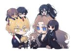  3boys 3girls black_eyes black_gloves black_hair black_kimono black_shirt blonde_hair blue_eyes breasts brown_eyes brown_hair chibi cigarette cleavage closed_mouth gloves heterochromia hong_lu_(limbus_company) japanese_clothes kimono limbus_company lips lm_(lc_goodgame) long_hair long_sleeves medium_breasts multiple_boys multiple_girls outis_(limbus_company) project_moon red_eyes rodion_(limbus_company) ryoshu_(limbus_company) shirt short_hair simple_background sinclair_(limbus_company) upper_body very_long_hair white_background yellow_eyes yi-sang_(limbus_company) 