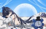  1girl absurdres black_hair blue_eyes blue_hair breasts ear_piercing full_moon hair_intakes highres hololive hololive_english kronie_(ouro_kronii) large_breasts long_hair looking_at_viewer lying moon no_pants o22no official_alternate_costume on_stomach ouro_kronii ouro_kronii_(3rd_costume) piercing shirt sideboob smol_kronii solo sweater virtual_youtuber white_shirt 