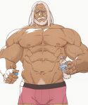  1boy abs bara beard blue_eyes bottle bulge dark-skinned_male dark_skin facial_hair grey_background highres holding holding_bottle jp_(street_fighter) large_pectorals long_hair looking_to_the_side male_focus male_underwear mature_male muscular muscular_male mustache navel navel_hair nipples old old_man pectorals pink_male_underwear sa1k0p solo street_fighter street_fighter_6 thick_eyebrows thick_mustache topless_male underwear underwear_only water_bottle white_hair 