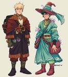  2boys absurdres alternate_costume alternate_universe artist_name bakugou_katsuki belt blonde_hair boku_no_hero_academia boots brown_bag brown_belt brown_footwear brown_headwear clenched_hands closed_mouth commentary earrings english_commentary flower freckles frown full_body green_hair habkart hat highres jewelry long_sleeves looking_at_viewer male_focus midoriya_izuku multiple_boys necklace pants potion short_hair simple_background smile standing witch witch_hat 
