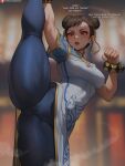  1girl blue_pantyhose blurry blurry_background bracelet breasts brown_hair china_dress chinese_clothes chun-li clenched_hand commentary double_bun dress english_text hair_bun highres jewelry medium_breasts open_mouth pantyhose patreon_username red_eyes shexyo short_hair solo split standing standing_on_one_leg standing_split street_fighter street_fighter_6 white_dress 