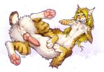  blonde_hair blue_eyes bobcat breasts chakamil chakat chest_tuft clitoral_hood clitoris digital_media_(artwork) erection f-r95 felid felid_taur feline fondling fur genitals hair herm hi_res intersex knot looking_at_viewer lying lynx mammal mammal_taur nipple_piercing nipples nubbed_penis nude on_back open_mouth pawpads paws penile_spines penis piercing presenting presenting_penis pussy sackless self_fondle shorttail simple_background solo spread_legs spreading taur tuft 