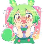  1girl animal_ears ayakashi_(monkeypanch) blush blush_stickers commentary_request covering_face double-parted_bangs elbows_together flying_sweatdrops furrowed_brow green_hair green_shorts hair_between_eyes highres long_hair looking_at_viewer low_ponytail nose_blush open_mouth pink_background puffy_short_sleeves puffy_sleeves shirt short_hair short_sleeves shorts sketch solo suspender_shorts suspenders sweatdrop upper_body voicevox white_background white_shirt yellow_eyes zundamon 