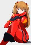  1girl blue_eyes bodysuit breasts brown_hair cleavage crossed_legs highres interface_headset large_breasts masakin neon_genesis_evangelion plugsuit red_bodysuit skin_tight solo_focus souryuu_asuka_langley two_side_up 