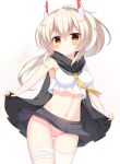  1girl absurdres armpits asymmetrical_legwear ayanami_(azur_lane) ayanami_(covert_ops_cloak)_(azur_lane) azur_lane bandaged_leg bandages black_coat black_skirt clothes_lift coat commentary_request grey_hair groin hair_between_eyes headgear highres hooded_coat lifted_by_self long_hair looking_at_viewer lulu_(lulu1943) mismatched_legwear navel official_alternate_costume open_clothes open_coat orange_eyes panties pantyshot pink_panties pleated_skirt ponytail school_uniform serafuku sidelocks simple_background single_thighhigh skirt skirt_lift sleeveless solo stomach thighhighs underwear white_background white_thighhighs zettai_ryouiki 