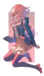  1girl absurdres backpack bag binxngchng1 black_shirt brown_thighhighs danganronpa_(series) danganronpa_2:_goodbye_despair flipped_hair from_side full_body green_jacket hair_ornament highres hood hood_down hooded_jacket jacket medium_hair miniskirt nanami_chiaki open_clothes open_jacket open_mouth pink_background pink_bag pink_footwear pleated_skirt shirt shirt_tucked_in shoes skirt solo spaceship_hair_ornament thighhighs two-tone_shirt white_background white_shirt 