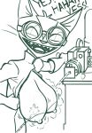  2023 anthro areola big_areola big_breasts big_ears big_goggles big_nipples breast_expansion breasts clothed clothed_anthro clothed_female clothing coat dialogue digital_drawing_(artwork) digital_media_(artwork) domestic_cat empty_eyes english_text evil_laugh expansion exposed_breasts extended_arm eyewear felid feline felis female fur fur_tuft gloves goggles hand_on_clothing hand_on_lever hand_on_object handwear hanging_breasts happy head_tuft hi_res lab_coat laugh lever looking_at_viewer mad_scientist magnificatz mammal monochrome nina_(magnificatz) nipples open_clothing open_coat open_lab_coat open_mouth open_smile open_topwear prick_ears ranged_weapon raygun redout science scientific_instrument scientist sharp_teeth shooting smile smiling_at_viewer solo teeth text tongue topwear tuft weapon 
