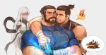  1girl 2boys :3 bandages bara beads beard beard_stubble black_tank_top blue_fire blue_shirt blush character_request cheek-to-cheek draconid_(dungeon_and_fighter) dungeon_and_fighter exorcist_(dungeon_and_fighter) facial_hair feeling_facial_hair feeling_muscles fire fujoshi hand_on_another&#039;s_chest heads_together implied_erection justice_(dungeon_and_fighter) male_focus male_priest_(dungeon_and_fighter) mature_male monk_(dungeon_and_fighter) multicolored_hair multiple_boys muscular muscular_male mustache ponytail rosary sdz_(inazuma) shirt sideways_glance smile streaked_hair stubble talisman tank_top tight_clothes tight_shirt white_hair yaoi 