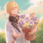 1boy artist_name blonde_hair bouquet bow buttons cloud cloudy_sky dress_shirt driftwoodwolf earrings feather_hair_ornament feathers flower genshin_impact grass hair_ornament holding holding_bouquet jacket jewelry kaveh_(genshin_impact) lapels long_sleeves looking_at_viewer male_focus open_clothes open_jacket pants reaching reaching_towards_viewer red_bow red_eyes shirt sky smile solo suit teeth vest white_jacket white_pants white_vest wing_collar 