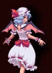  1girl bat_wings black_background blue_hair commentary hair_ribbon hat looking_at_viewer looking_back mob_cap open_mouth pixel_art potemki11 red_eyes red_ribbon remilia_scarlet ribbon shirt short_hair short_sleeves simple_background skirt solo touhou white_headwear white_shirt white_skirt wings wrist_cuffs 
