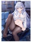  1girl absurdres age_fx argus_(a_hundred_sleepless_eye)_(azur_lane) argus_(azur_lane) azur_lane bag black_skirt blue_eyes blush breasts button_gap closed_mouth collared_shirt grey_hair highres large_breasts long_hair long_sleeves looking_at_viewer navel official_alternate_costume pantyhose partially_unbuttoned school_bag shirt skirt thighs toe_seam uniform white_shirt 