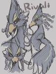  anthro avian bare_chest beak blue_body blue_feathers braided_hair breath_of_the_wild bust_portrait clothed clothing feathers green_eyes hair hi_res male multiple_images nintendo okayu_kingdom portrait revali rito solo the_legend_of_zelda topless wings 