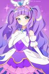  1girl aqua_eyes commentary_request cure_majesty dress elbow_gloves ellee-chan eyelashes gloves hair_ornament happy highres hirogaru_sky!_precure long_hair looking_at_viewer magical_girl naka precure purple_background purple_dress purple_hair smile solo standing twitter_username white_gloves 