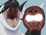  4:3 absurd_res ambiguous_gender black_body blue_background bodily_fluids cetacean cutaway dolphin ear_frill feral frill_(anatomy) frill_piercing furgonomics furry-specific_piercing hi_res imperatorcaesar mammal marine mouth_shot narrowed_eyes oceanic_dolphin open_mouth orca piercing pink_tongue saliva saliva_string simple_background solo tongue toothed_whale white_body white_frill 