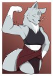  anthro biceps breasts canid canine canis clothed clothing digital_media_(artwork) eyes_closed female fur grey_body grey_fur hi_res mammal markings muscular navel novah_ikaro proud red_background ruka_fengris shaded simple_background smile smug solo sparkles tail white_body white_fur wolf workout_clothing 