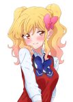  1girl aikatsu!_(series) aikatsu_stars! arm_at_side blonde_hair blue_bow blue_bowtie blush bow bowtie breasts closed_mouth curly_hair furrowed_brow gradient_hair hair_bow highres jacket kumahubuki long_sleeves looking_at_viewer medium_hair multicolored_hair nijino_yume orange_eyes orange_hair pink_bow red_jacket sidelocks simple_background sleeveless sleeveless_jacket small_breasts solo sweat twintails upper_body wavy_hair white_background white_sleeves 