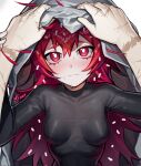  1boy 1girl black_bodysuit blush bodysuit breasts bright_pupils collarbone flaky_(happy_tree_friends) flippy_(happy_tree_friends) happy_tree_friends highres impossible_bodysuit impossible_clothes looking_at_viewer mary_felizola personification pov pov_hands red_eyes red_hair scar scar_on_arm signature small_breasts white_pupils 