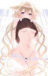  absurdres animal_ears blonde_hair blush bow bow_panties breasts cat_ears cat_tail clothes_lift frilled_panties frills highres lifted_by_self long_hair micro_panties midriff navel original panties purple_eyes tail tsuyuri_eri twintails underboob underwear white_panties 