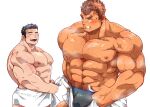 2boys :d ^_^ abs arm_hair ass bara black_male_underwear blush body_hair bulge bulge_lift chest_hair closed_eyes dark-skinned_male dark_skin dressing embarrassed facial_hair feet_out_of_frame forked_eyebrows frown goatee hairy happy highres i&#039;ve_never_seen_a_guy_recreate_this_successfully_tbh_(meme) kizami_nori_to_yamaimo large_pectorals long_sideburns looking_at_another male_focus male_underwear master_3_(housamo) meme multiple_boys muscular muscular_male nipples open_pants pants pants_lift pectorals short_hair sideburns smile stomach stubble sweat takabushi_kengo thick_eyebrows tokyo_afterschool_summoners topless_male towel_around_waist undersized_clothes underwear yaoi 
