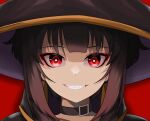  1girl black_cape black_choker black_headwear bright_pupils brown_hair cape choker close-up commentary drop_shadow excited eyelashes grin hat highres kono_subarashii_sekai_ni_shukufuku_wo! looking_at_viewer lyourika megumin parted_lips portrait red_background red_eyes ringed_eyes short_hair short_hair_with_long_locks simple_background smile solo staring straight-on teeth white_pupils witch_hat 