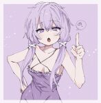  1girl :o bare_arms bare_shoulders border breasts cleavage collarbone commentary_request contrapposto dress fingernails frills hair_between_eyes hand_on_own_hip hand_up highres index_finger_raised light_blush looking_at_viewer low_twintails medium_breasts okusuri_nometane open_mouth purple_dress purple_eyes purple_hair solo straight-on twintails upper_body vocaloid voiceroid white_border yuzuki_yukari 