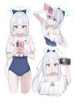  1girl blue_archive blue_halo casual_one-piece_swimsuit cellphone flat_chest frilled_one-piece_swimsuit frills gmi_(jimmyovob) halo highres miyako_(blue_archive) off-shoulder_one-piece_swimsuit off_shoulder one-piece_swimsuit phone purple_eyes swimsuit white_hair 