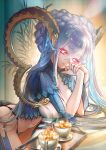  +_+ 1girl blue_hair braid breasts coffee curled_horns fate/grand_order fate_(series) hair_between_eyes horns large_breasts larva_tiamat_(fate) long_hair long_horns looking_at_viewer navel official_art pink_eyes pointy_ears solo stomach_tattoo symbol-shaped_pupils tattoo third-party_source tiamat_(fate) very_long_hair yamanaka_kotetsu 