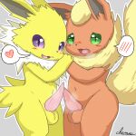  absurd_res animal_genitalia animal_penis anthro balls bodily_fluids dripping duo eeveelution erection flareon frottage generation_1_pokemon genital_fluids genitals hand_holding hi_res jolteon lakryu looking_at_viewer male male/male nintendo penis pokemon pokemon_(species) precum precum_drip sex shy 