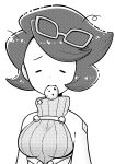  1girl absurdres big_hair breasts buttons capelet closed_eyes closed_mouth cookie eyewear_on_head food glasses greyscale highres holding holding_food large_breasts mature_female monochrome pokemon pokemon_(game) pokemon_sm ribbed_sweater sleepy solo sweater turtleneck turtleneck_sweater wicke_(pokemon) ziburikito 