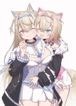  2girls :3 :d absurdres animal_ear_fluff animal_ears belt belt_collar black_belt black_collar black_jacket blonde_hair blue_eyes blue_hair breasts cleavage closed_mouth collar cropped_jacket cropped_shirt dog_ears dog_girl dog_tail dress fur-trimmed_jacket fur_trim fuwawa_abyssgard hair_ornament hairpin headphones headphones_around_neck highres hololive hololive_english jacket large_breasts long_hair medium_hair mococo_abyssgard multicolored_hair multiple_girls one_eye_closed open_mouth pink_belt pink_eyes pink_hair shintakumin short_shorts shorts small_breasts smile streaked_hair tail virtual_youtuber white_dress white_shorts x_hair_ornament 