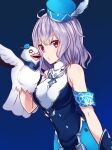  :o ahoge armband bare_shoulders breasts dress gloves hand_puppet hat hat_feather idola_phantasy_star_saga medium_breasts medium_hair mini_hat nyanmaru_(ememing) pink_eyes popona puppet purple_hair sleeveless sleeveless_dress upper_body 